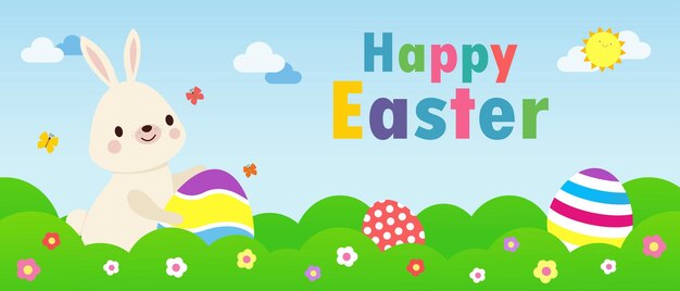 Happy Easter hunt background Little Rabbit Bunny cartoon flat design with greeting card Easter egg