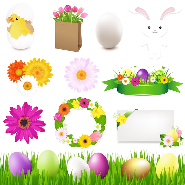 Happy easter icons and green grass,  illustration