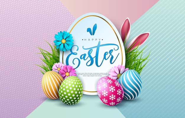 Happy Easter Illustration with Colorful Painted Egg Rabbit Ears and Flower on Pastel Background