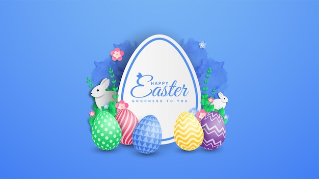 Happy easter illustration with colorful painted egg and rabbit