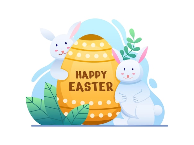 Happy Easter illustration with cute Easter bunnies and egg Cute Easter Greeting and postcard design