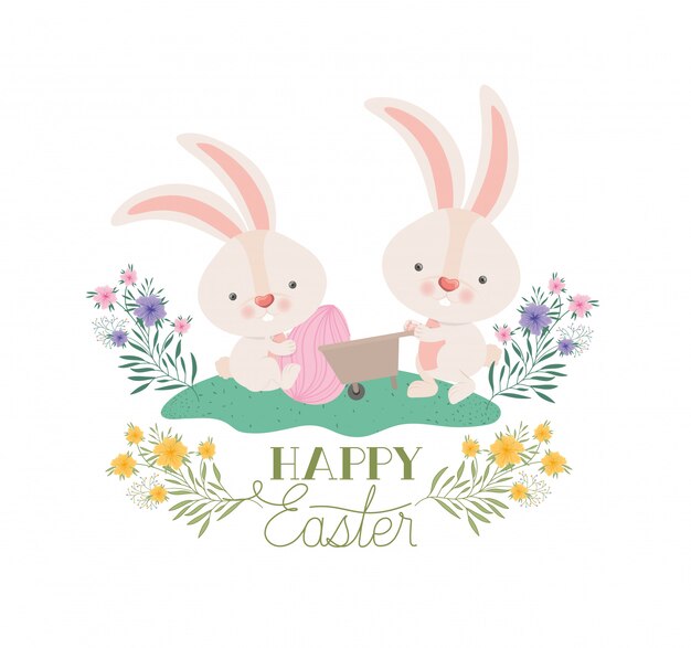 Happy easter label with egg and flowers icon