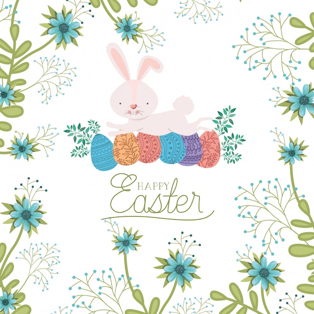 Happy easter label with egg and flowers icon