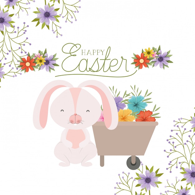 Happy easter label with egg and flowers icon