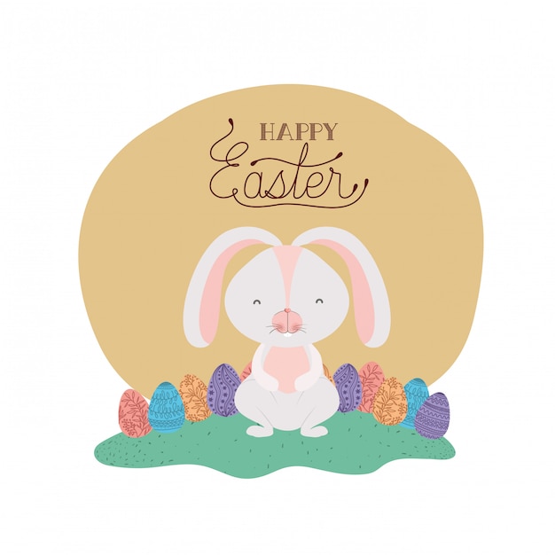 Happy easter label with egg and flowers icon