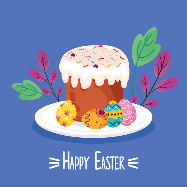 Vector happy easter lettering card with sweet cupcake and eggs painted in dish  illustration