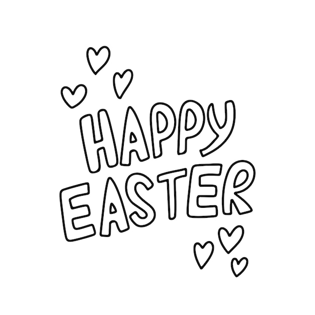 Happy easter lettering in hand drawn doodle style ink illustration isolated on white background