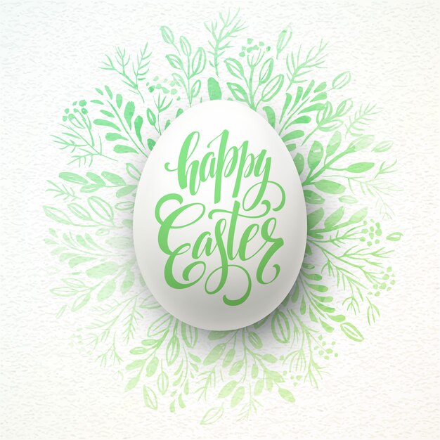 Happy easter lettering on the watercolor wreath with eggs