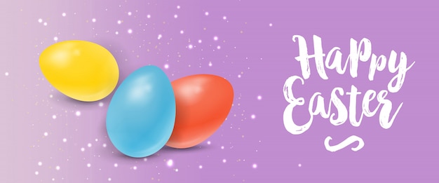 Happy easter lettering with colored eggs and glittering on lilac background.