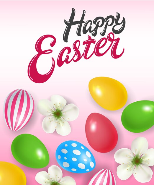 Happy Easter lettering with eggs and flowers on pink background.