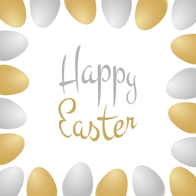 Happy Easter lettering with gold and silver realistic eggs Retro holiday Easter eggs frame