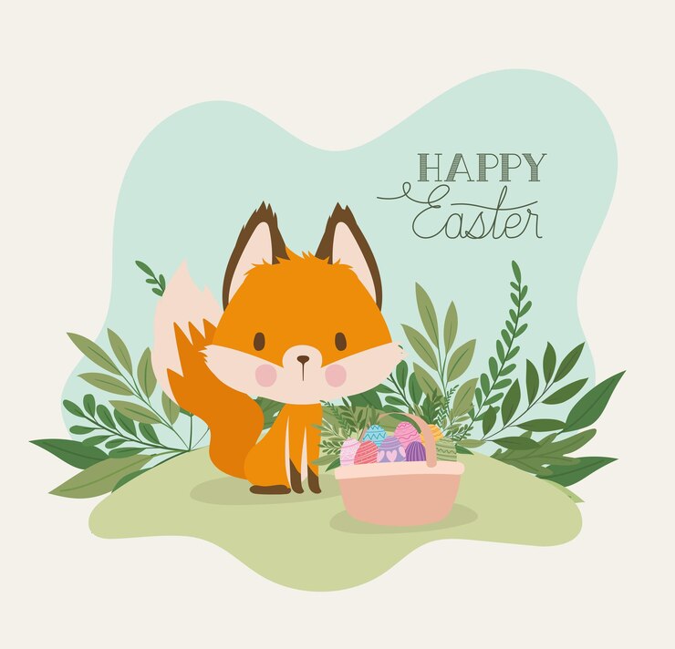 Vector happy easter lettering with one cute fox and one basket full of easter eggs illustration design