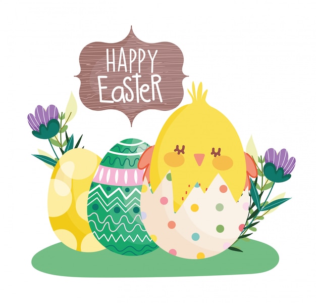 Happy easter little chicken in eggshell eggs flowers decorative banner