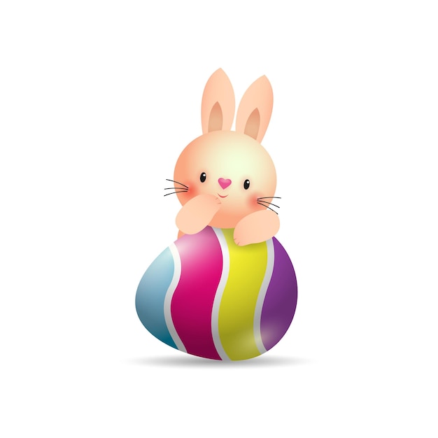 Happy Easter Little Rabbit Bunny met een beschilderd ei-sjabloon voor spandoek geïsoleerd op witte achtergrond 3d