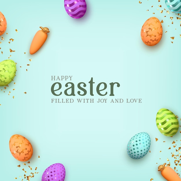 Happy Easter. Multicolored Easter eggs on a blue background with realistic carrots and golden confetti. Holiday Banner and web poster, flyer and brochure. Vector illustration