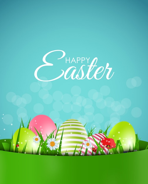 happy easter natural  with eggs, grass, flower 