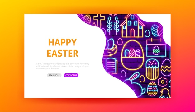 Vector happy easter neon landing page. vector illustration of spring seasonal promotion.