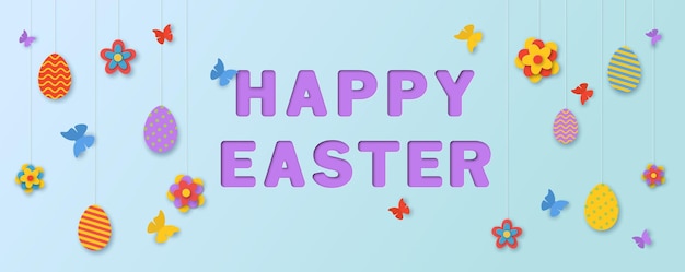 Happy Easter paper cut banner template flowers and butterfly on blue background