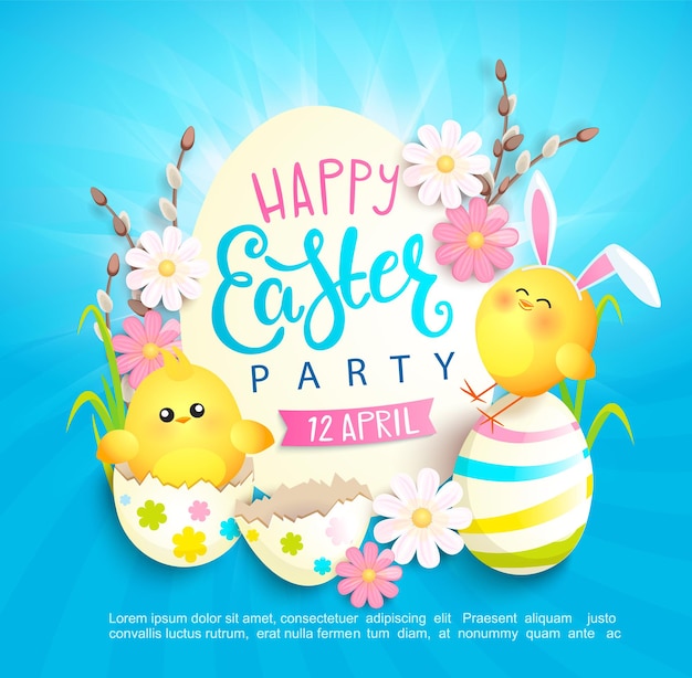 Vector happy easter party invitation card with beautiful camomiles painted eggs and chickens with rabbits