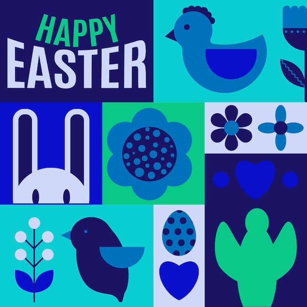 Happy Easter Patterns Modern geometric abstract style Easter eggs rabbit flowers birds