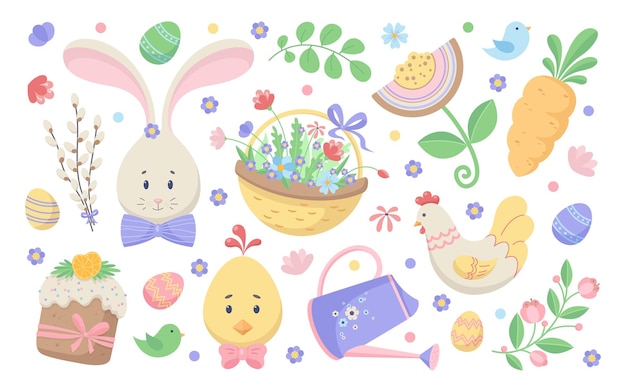 Happy Easter postcard. Set of cute holiday elements.  Flat vector illustration