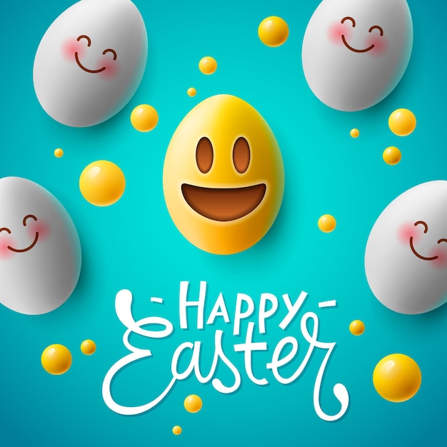 Happy Easter poster, easter eggs with cute smiling emoji faces, vector image
