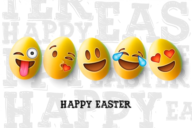 Vector happy easter poster, easter eggs with cute smiling emoji faces, .