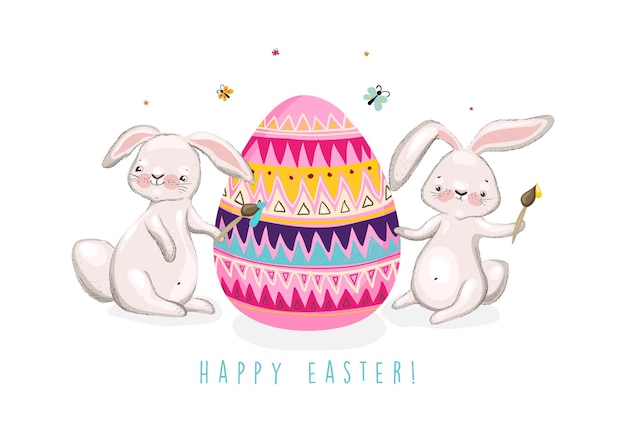 Happy easter poster greeting card banner background with bunnies vector illustration eps10