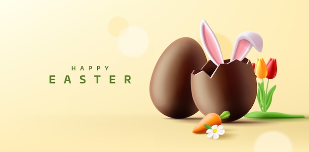 Vector happy easter poster of wenskaart met 3d-eieren renderen monochrome stijl met groen gras verstoppertje spel