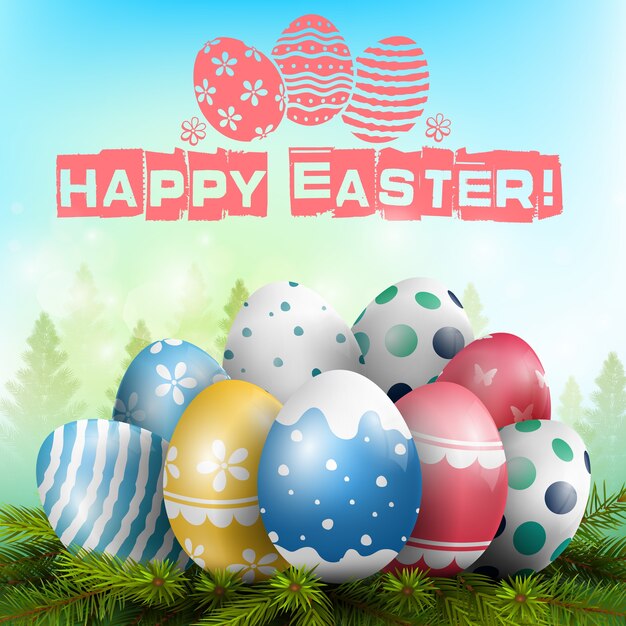 Happy Easter poster with colorful eggs on the fir tree 