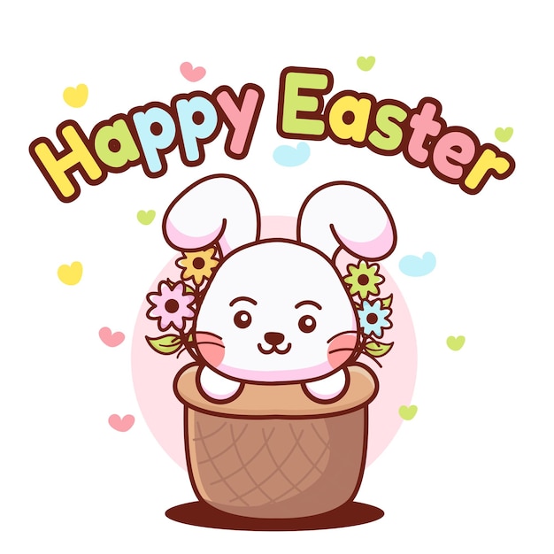 Vector happy easter poster with cute bunny inside basket with flower and love