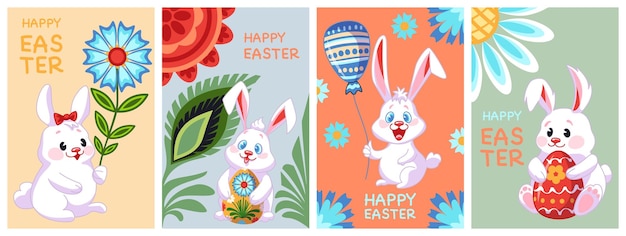 Вектор Счастливый пасхальный плакат с цветами пасхального кролика и яйцами с традиционным цветочным рисунком