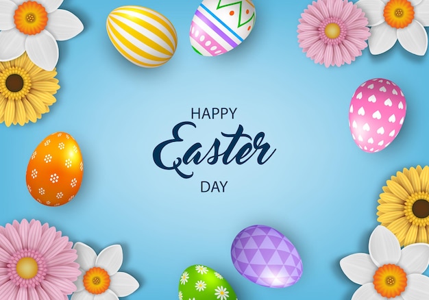 Happy easter poster with eggs and flowers