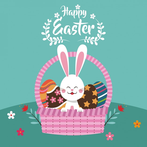 Happy easter r bunny in basket egg 