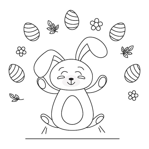 Happy easter rabbit in doodle style cute outline rabbit bunny for coloring rabbit bunny cartoon outline coloring book or page for kids illustration vector