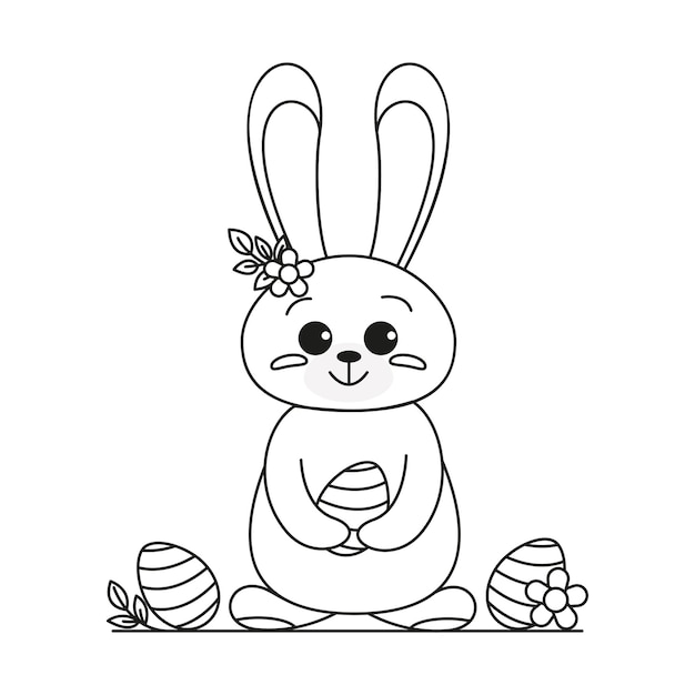 Happy Easter rabbit in doodle style Cute outline rabbit bunny for coloring Rabbit Bunny Cartoon Outline Coloring Book or page for kids Illustration Vector