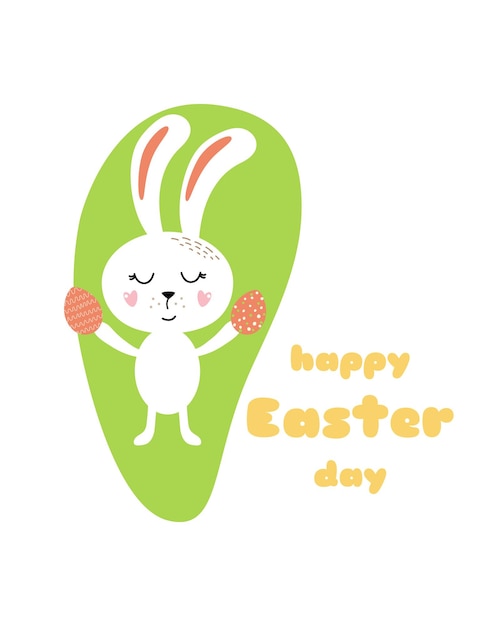 Happy Easter rabbit with eggs Cute carton character Rabbit bunny in green Easter card print element vector