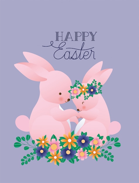 Happy easter rabbit with flowers vector design