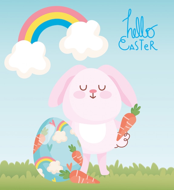 Happy easter roze konijn met wortelen en geschilderde eieren regenboog decoratie illustratie