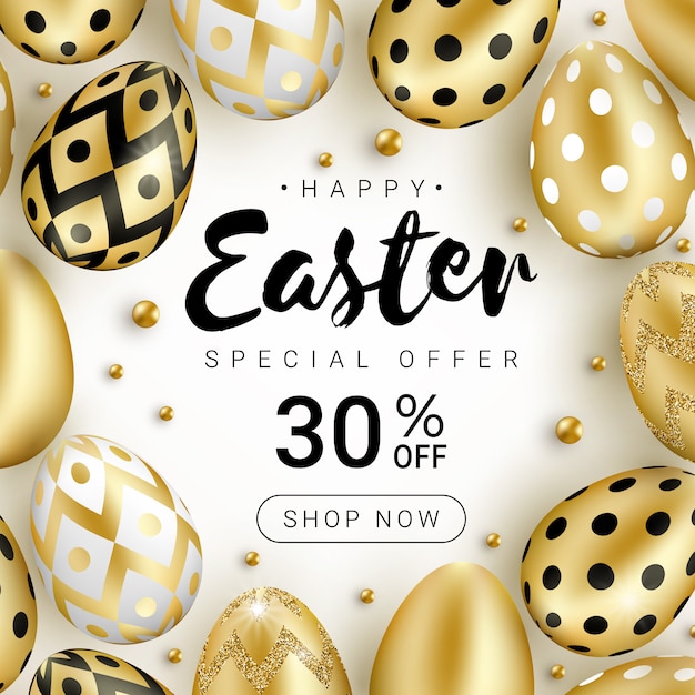Happy Easter sale banner concept decorated with realistic shine golden eggs and gold beads isolated on white background.