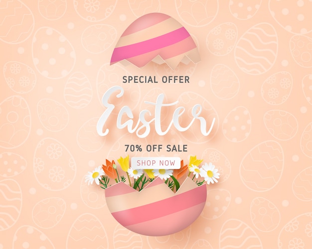 Vector happy easter sale banner template with easter egg and flower