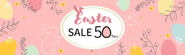 Vector happy easter sale banner trendy easter design with eggs rabbit flowers and plants in pastel color