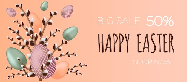 Happy easter sale banner Willow branch with the easter eggs on pink background Can be add text