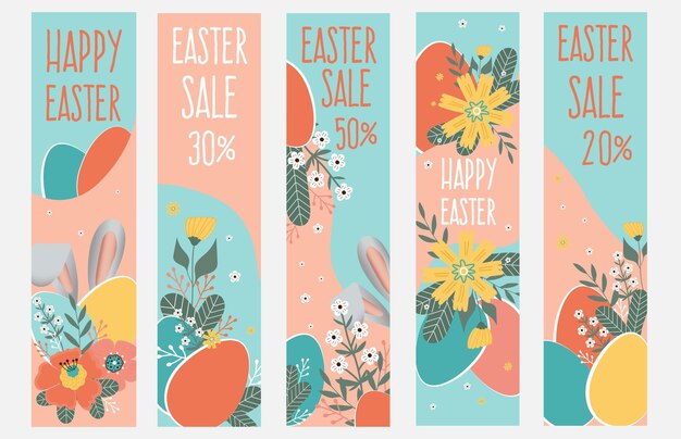 Happy easter sale banners Spring flowers with the easter eggs and rabbit ears