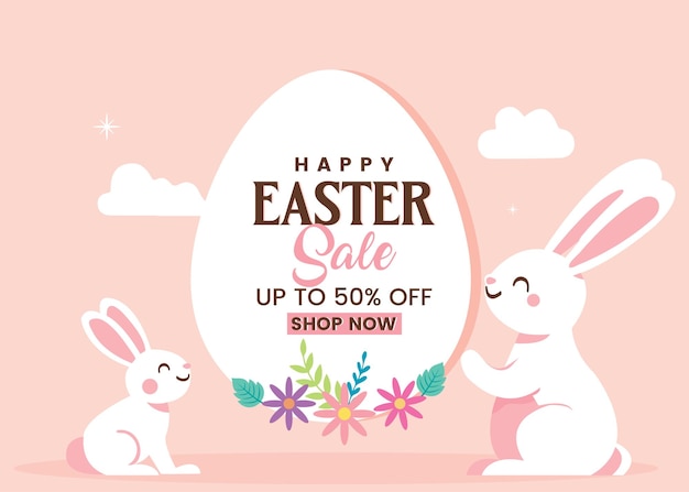 happy easter sale poster with rabbit and flowers