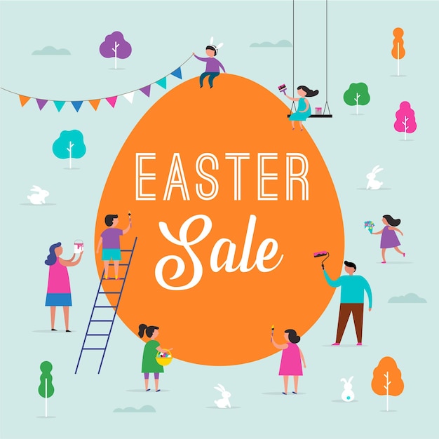 Happy easter scene with families, kids. easter sale event, promotion design and banner