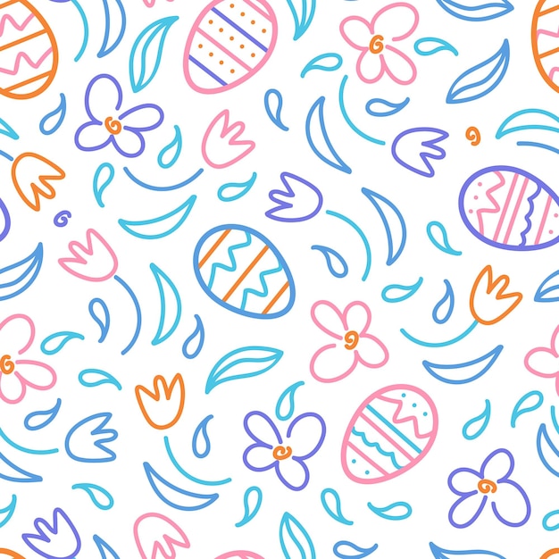 Buona pasqua uova di cioccolato senza cuciture e fiori primaverili in colori pastello stile doodle per la stampa di carta da parati su avvolgimento di tessuto