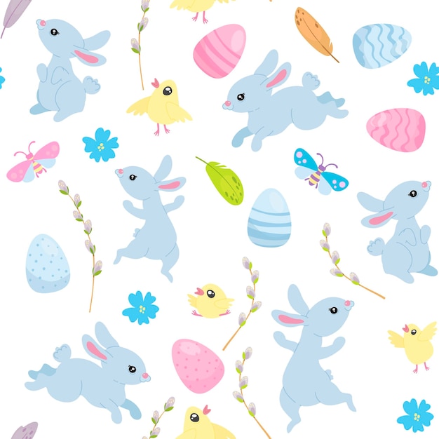 Happy Easter seamless pattern cute blue bunnies and Easter eggs willow trees yellow chickens bugs