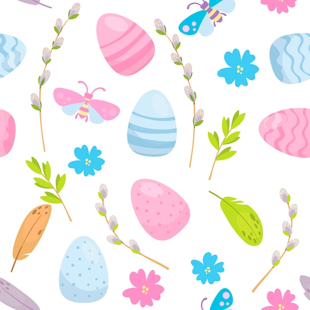 Vector happy easter seamless pattern easter eggs willow trees bugs