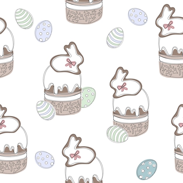 Happy Easter seamless pattern greeting card with decorated Easter eggs and cakes Illustration flat style design for invitations prints wrapping paper